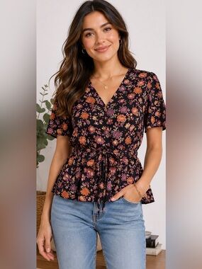 580 LOFT Floral Peplum Blouse XS Black Pink Tie Waist Flutter Sleeve Top